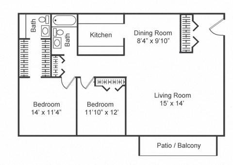 Floor plan for 2 beds, 1.5 baths, 1000 sqft
